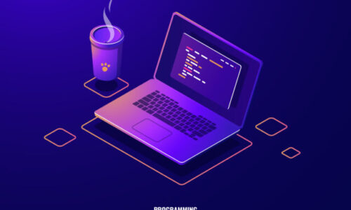 Laptop with program code isometric icon, software development and programming applications dark neon Initiation à la programmation